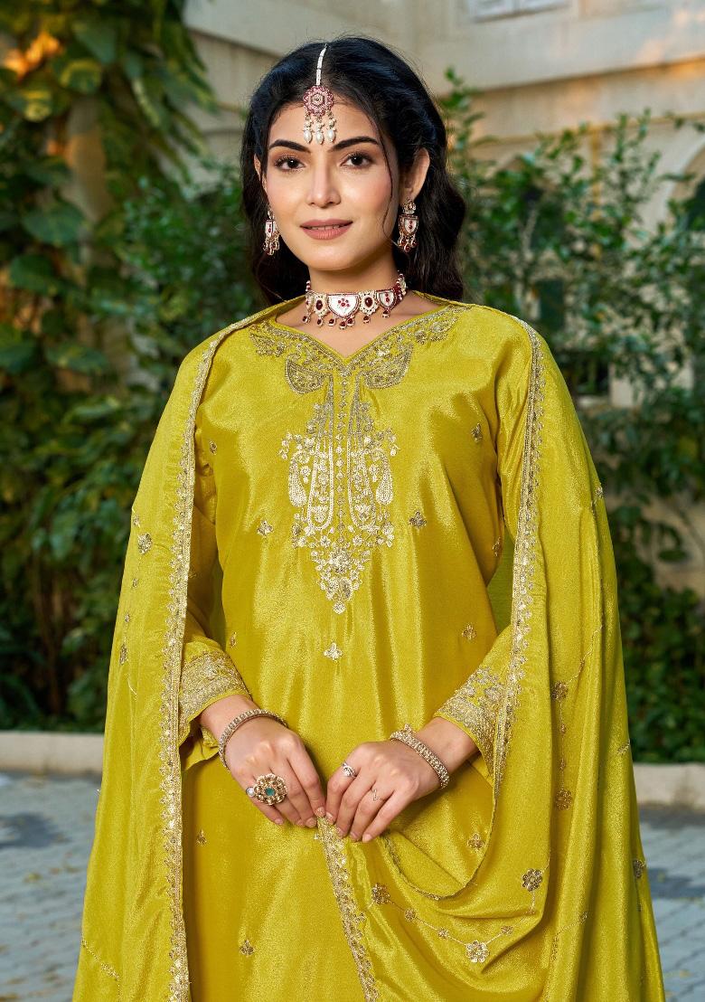 Mustard Sequence Work Silk Kurta Set - Indya