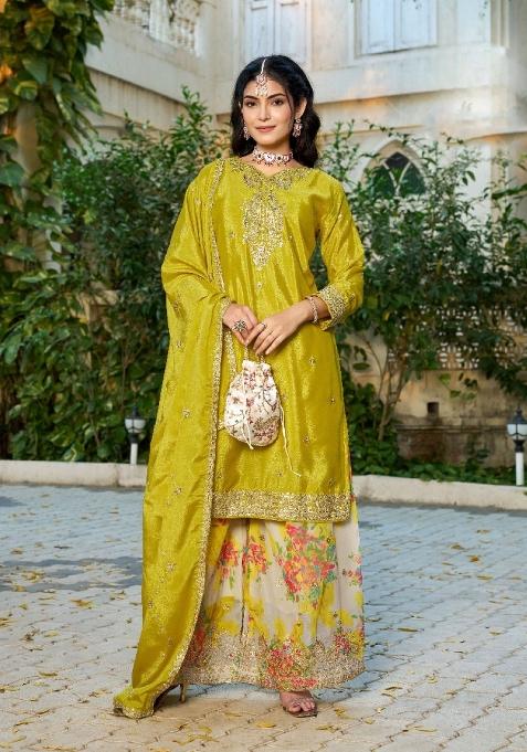 Mustard Sequence Work Silk Kurta Set