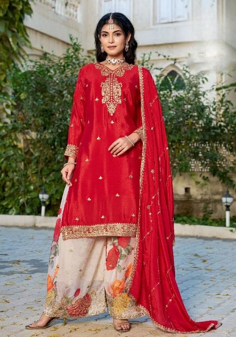 Red Sequence Work Silk Kurta Set