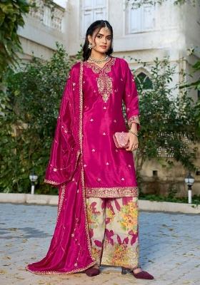 Hot-Pink Sequence Work Silk Kurta Set