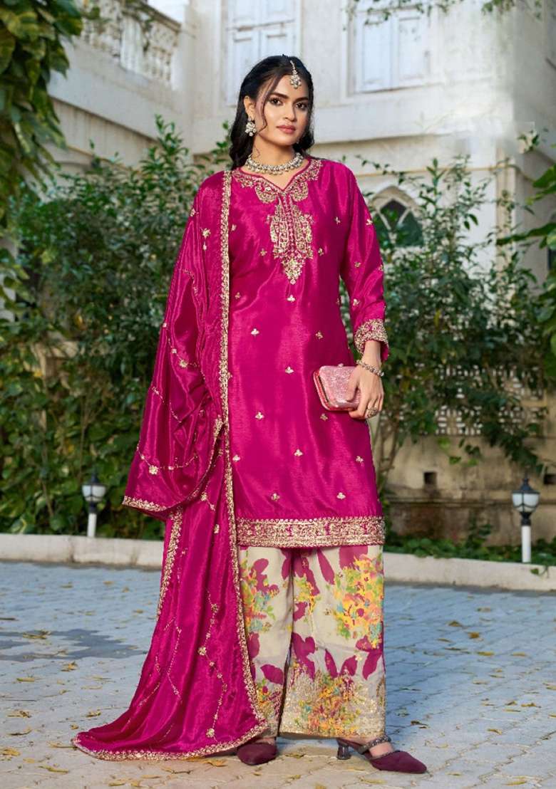 Hot-Pink Embroidered Silk Blend Pakistani Suit Set - Indya