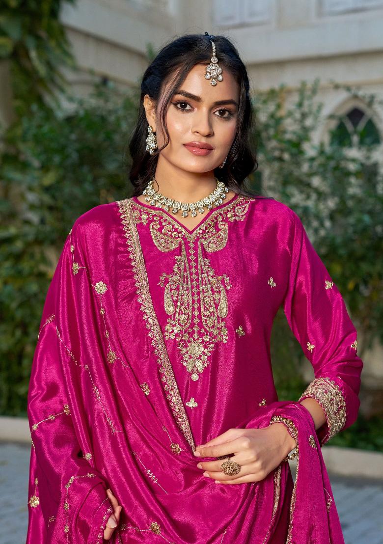 Hot-Pink Sequence Work Silk Kurta Set - Indya