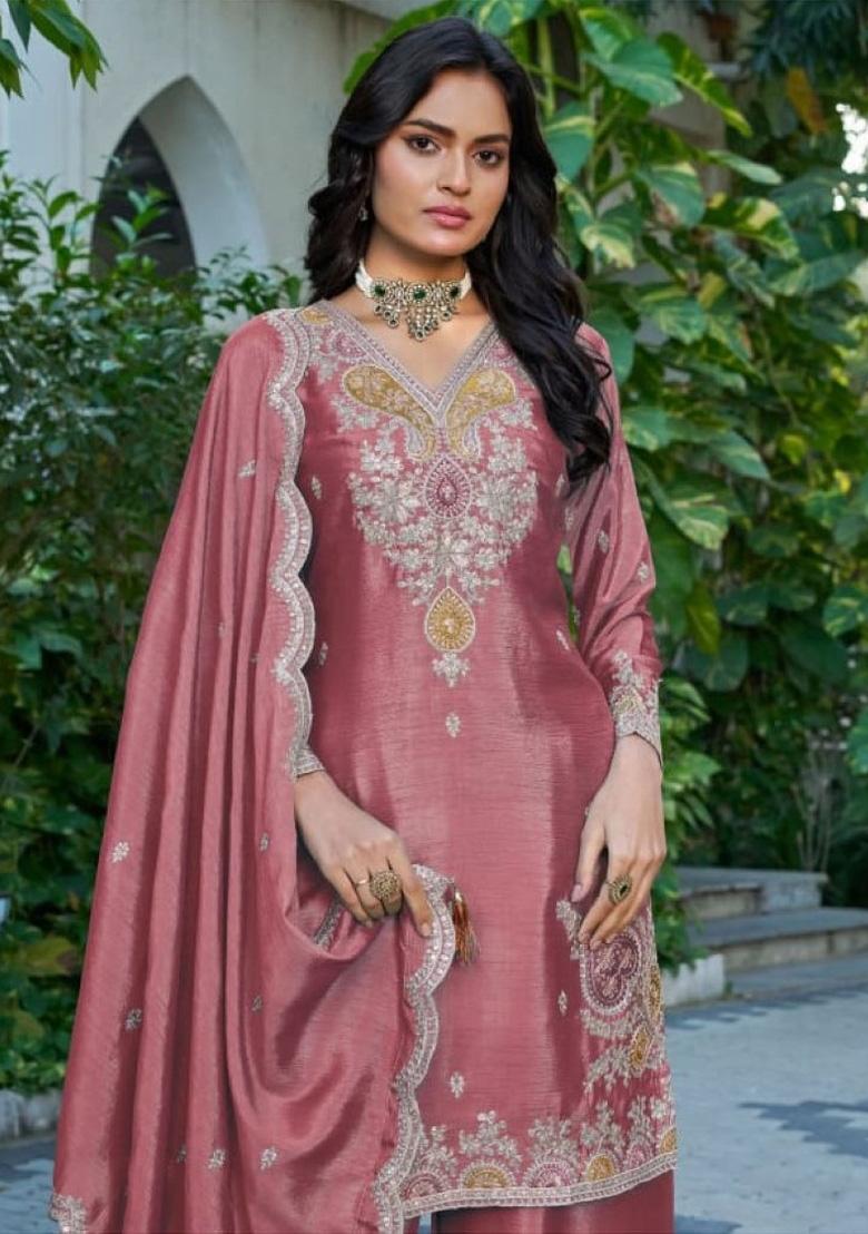 Peach Sequence Work Silk Kurta Set - Indya