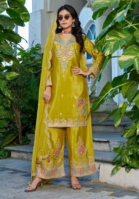 Mustard Sequence Work Silk Kurta Set