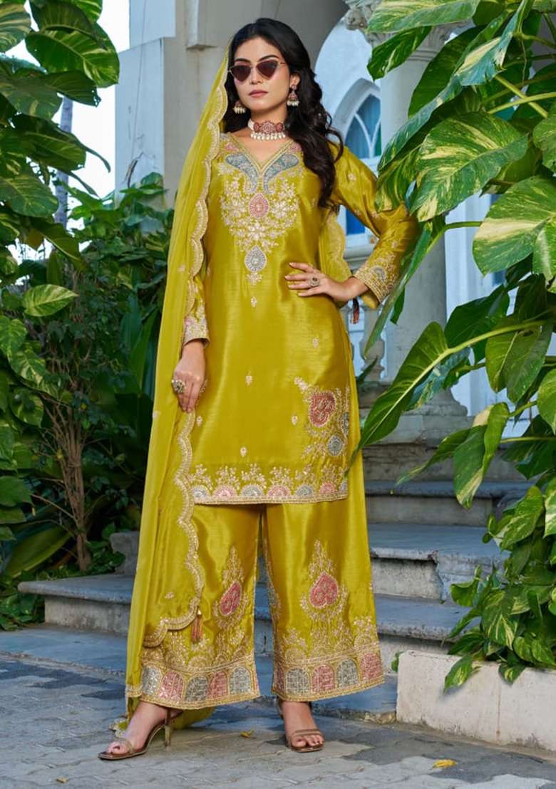 Mustard Embroidered Silk Blend Pakistani Suit Set - Indya
