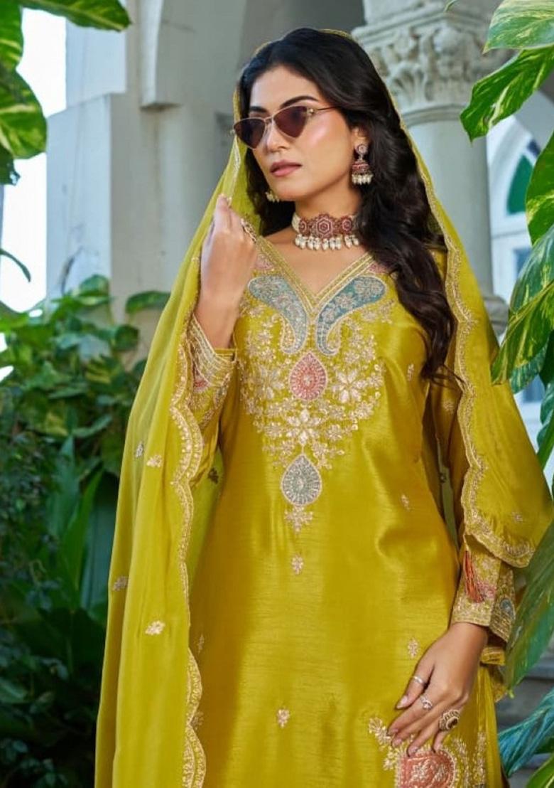 Mustard Sequence Work Silk Kurta Set - Indya