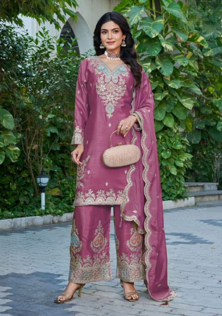 Magenta Embroidered Silk Blend Pakistani Suit Set - Indya
