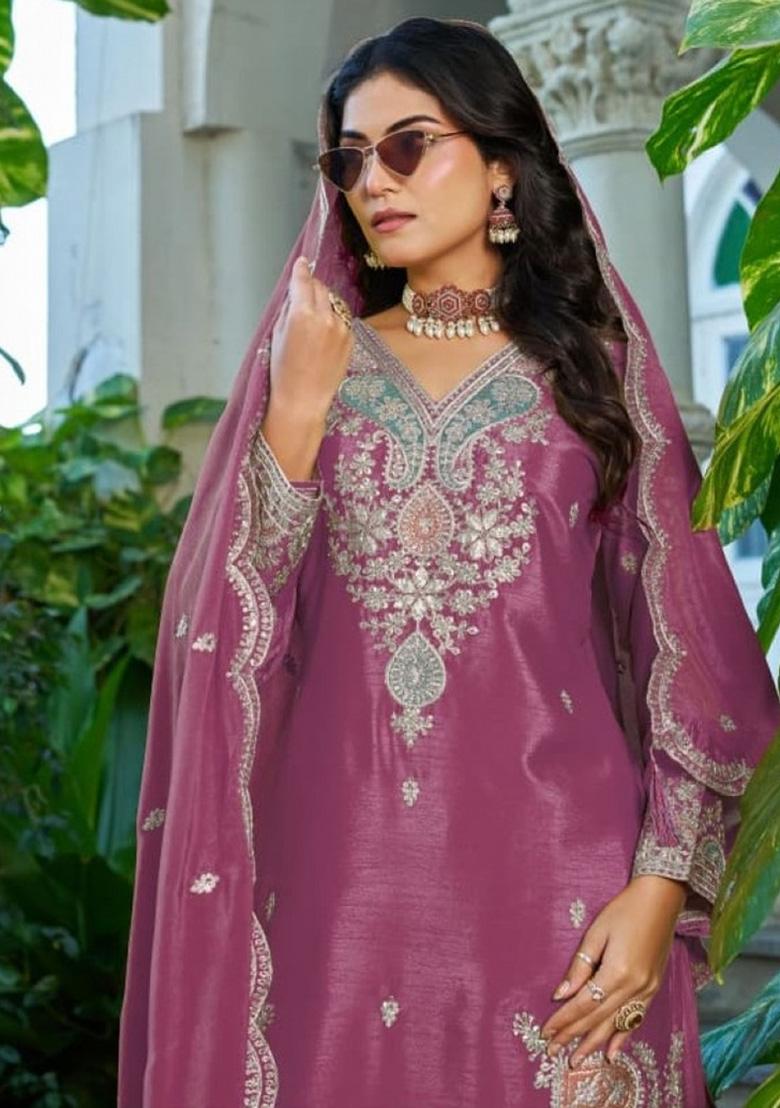 Magenta Sequence Work Silk Kurta Set - Indya