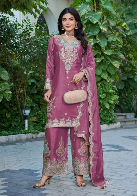 Magenta Sequence Work Silk Kurta Set