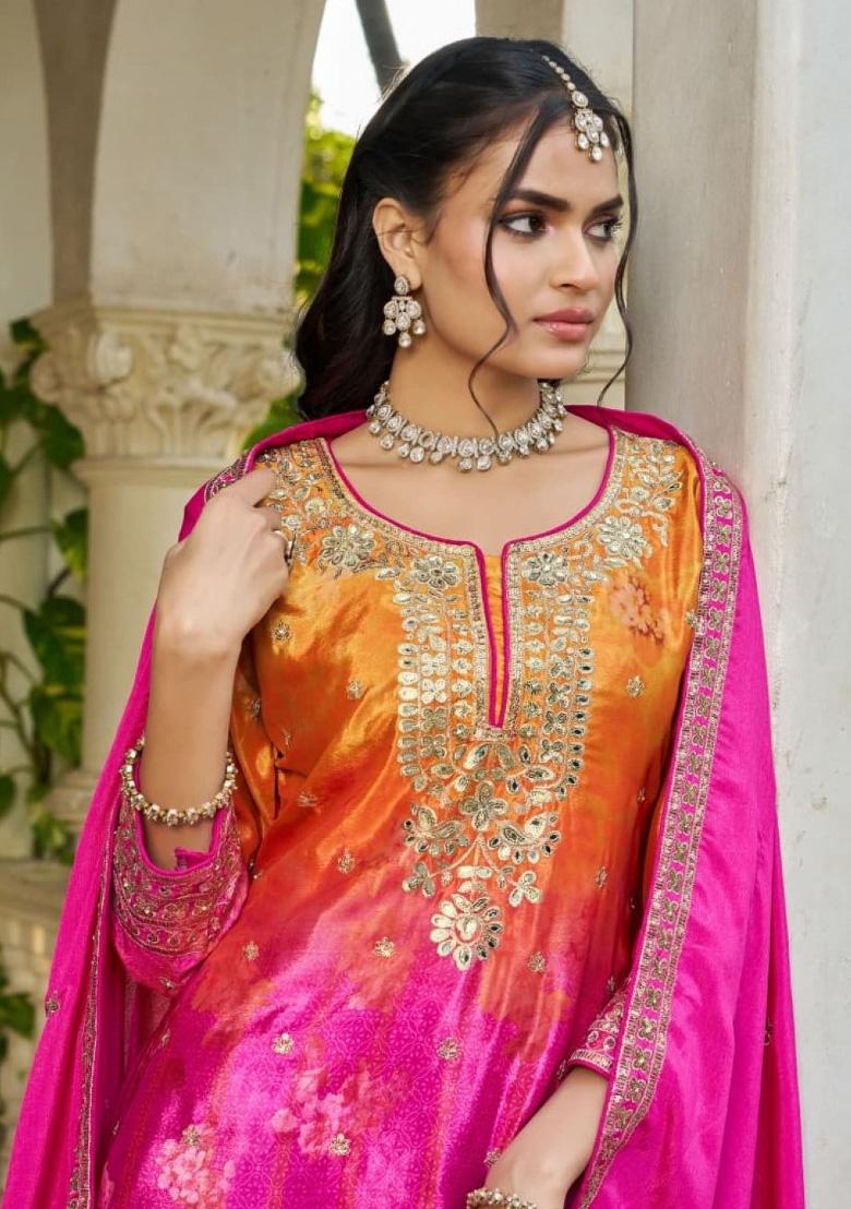 Hot-Pink Sequence Work Silk Kurta Set - Indya