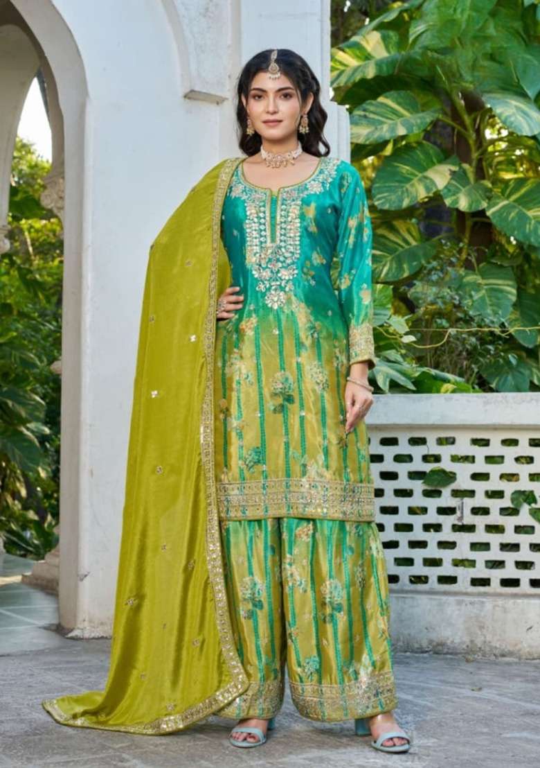 Sea-Green Embroidered Silk Blend Sharara Set - Indya