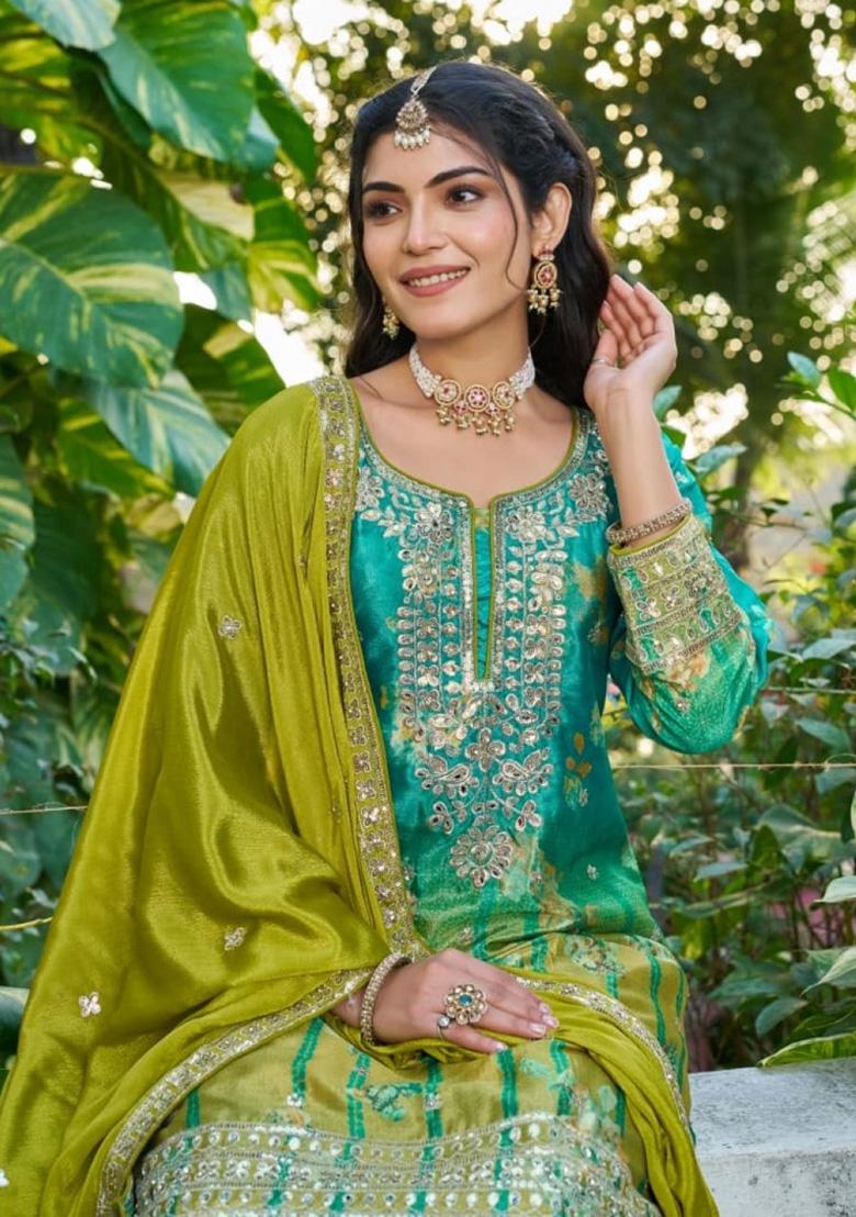 Sea-Green Sequence Work Silk Kurta Set - Indya