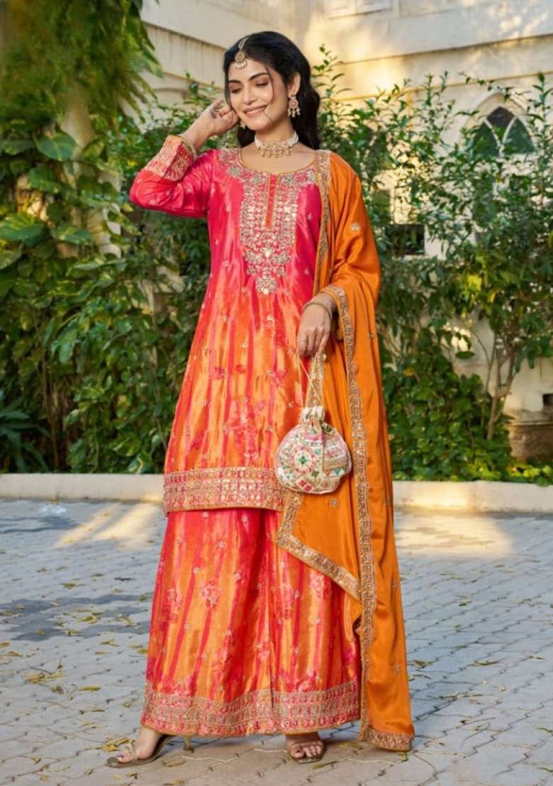 Orange Embroidered Silk Blend Sharara Set - Indya