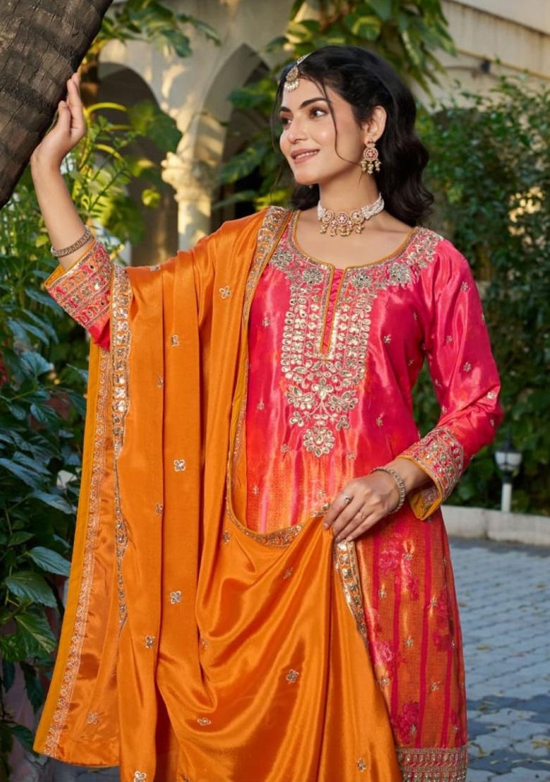 Orange Sequence Work Silk Kurta Set - Indya