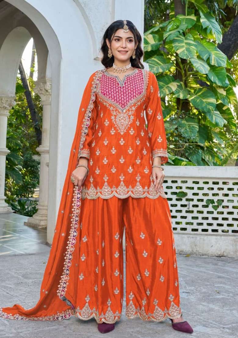Orange Embroidered Silk Blend Sharara Set - Indya