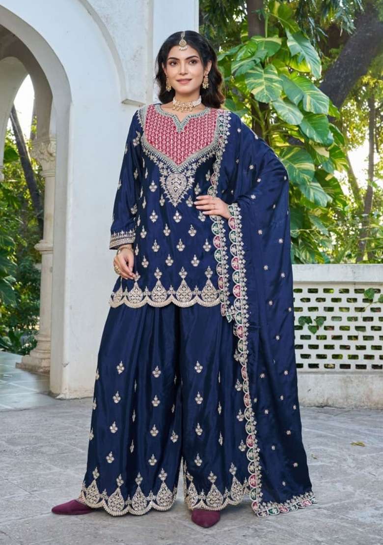 Navy-Blue Embroidered Silk Blend Sharara Set - Indya