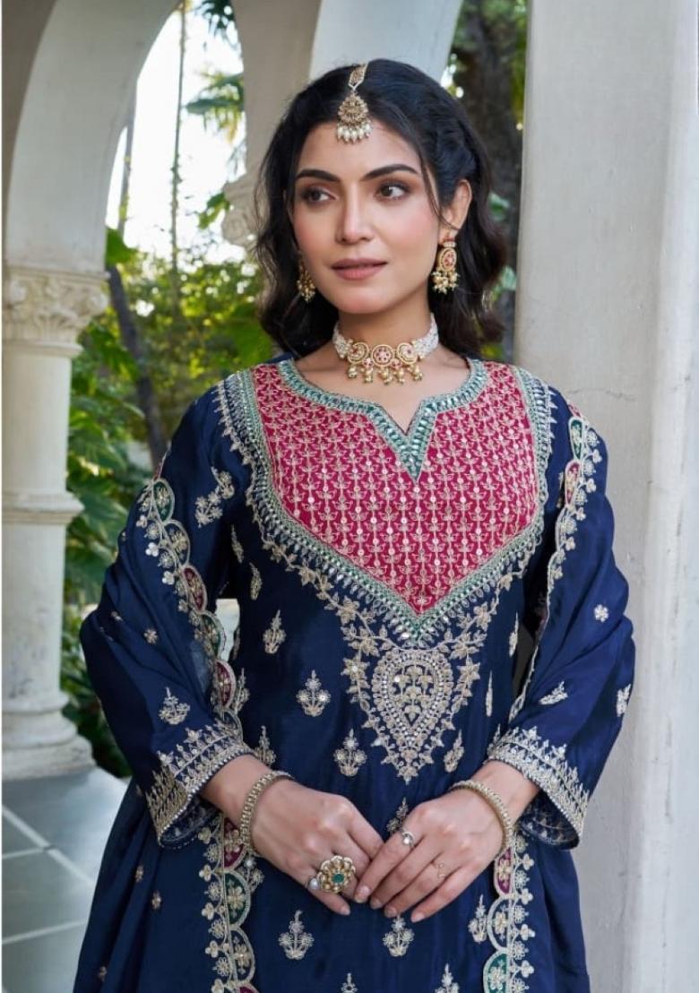 Navy-Blue Sequence Work Silk Kurta Set - Indya