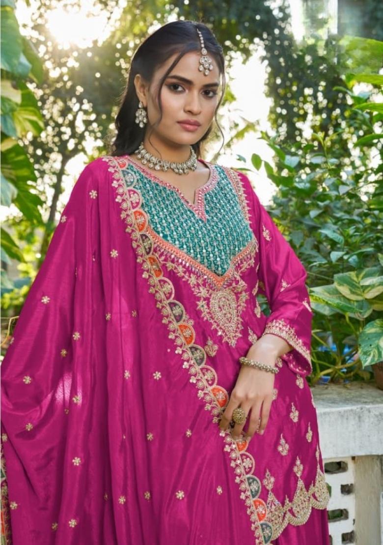 Hot-Pink Sequence Work Silk Kurta Set - Indya