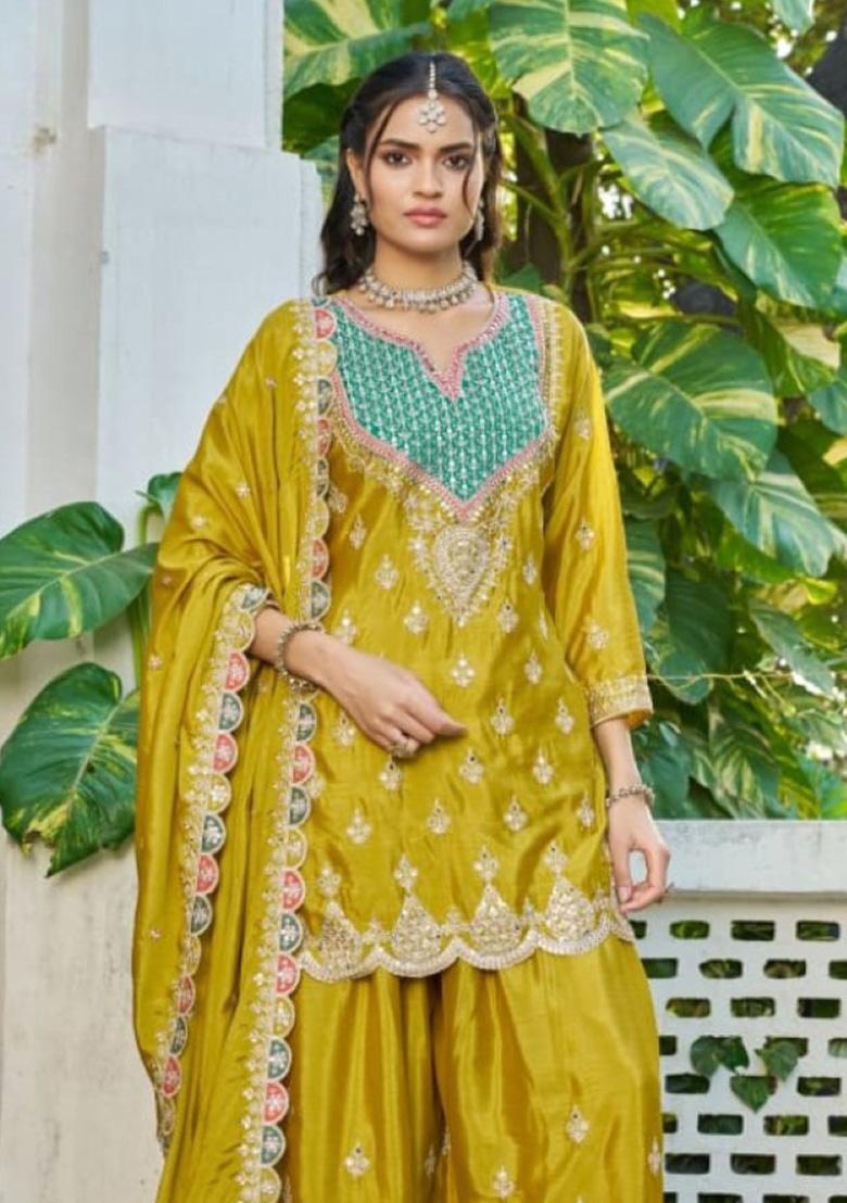 Mustard Sequence Work Silk Kurta Set - Indya