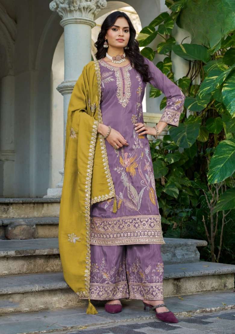 Purple Embroidered Shimmer Punjabi Suit - Indya