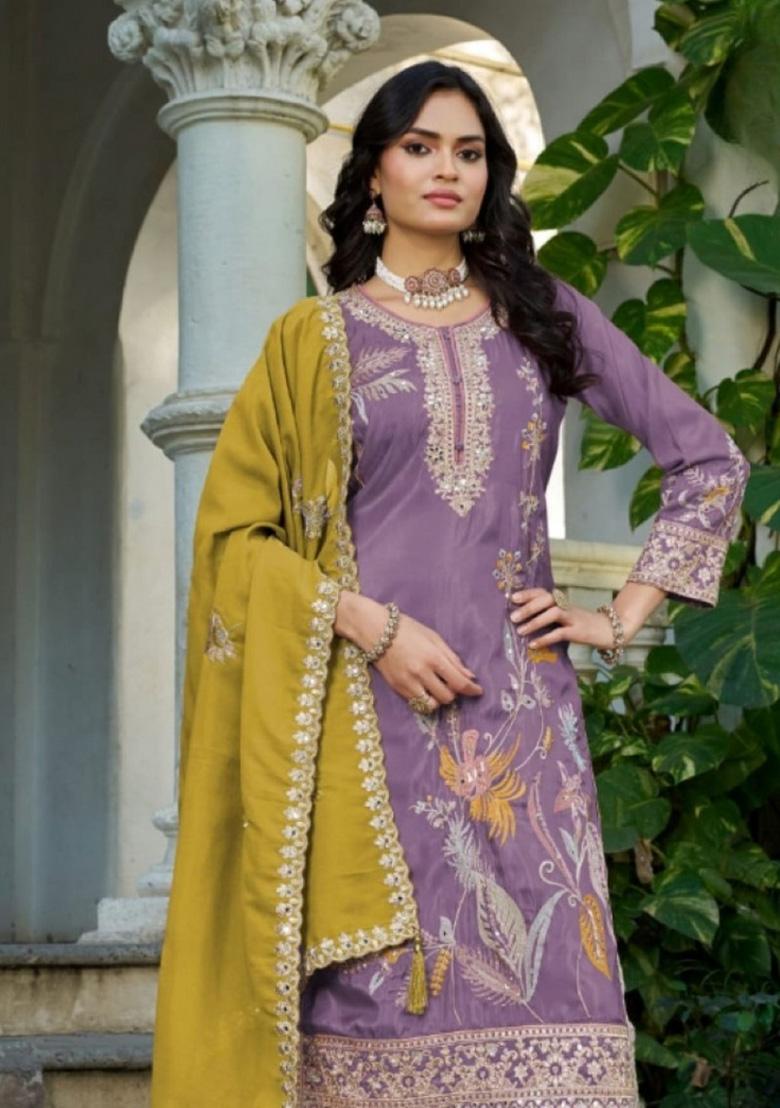 Purple Sequence Work Shimmer Kurta Set - Indya