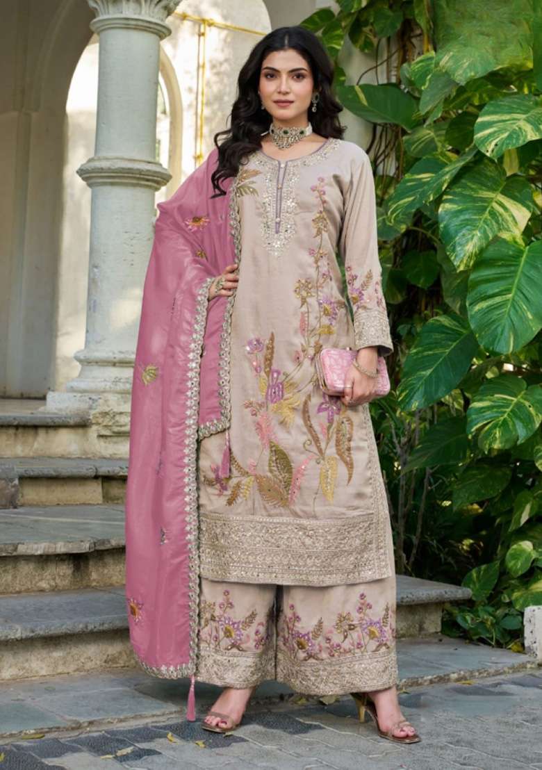 Cream Embroidered Shimmer Punjabi Suit - Indya