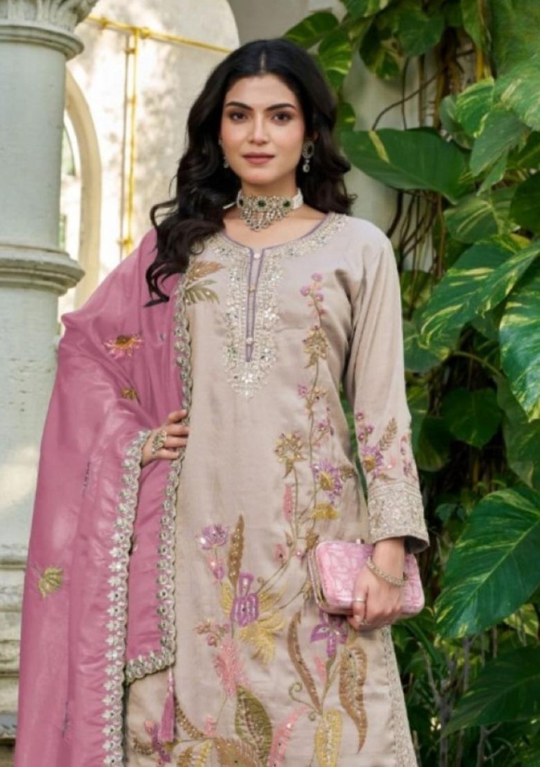 Cream Sequence Work Shimmer Kurta Set - Indya