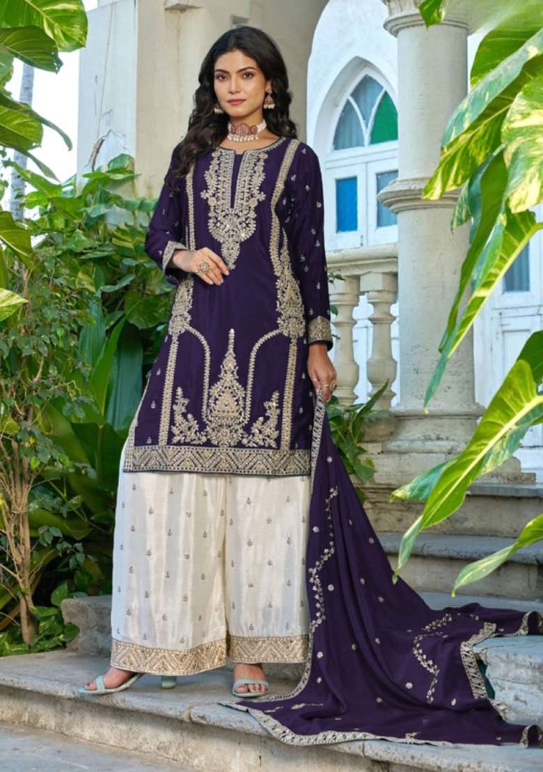 Violet Embroidered Silk Blend Punjabi Suit - Indya