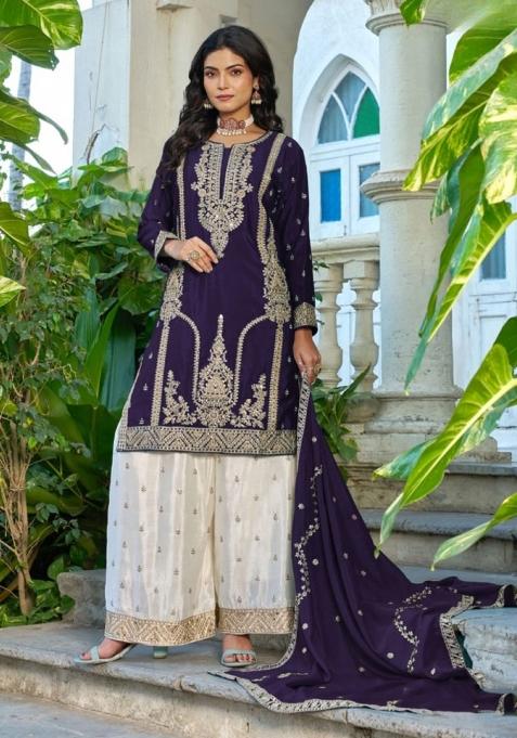 Violet Sequence Work Silk Kurta Set