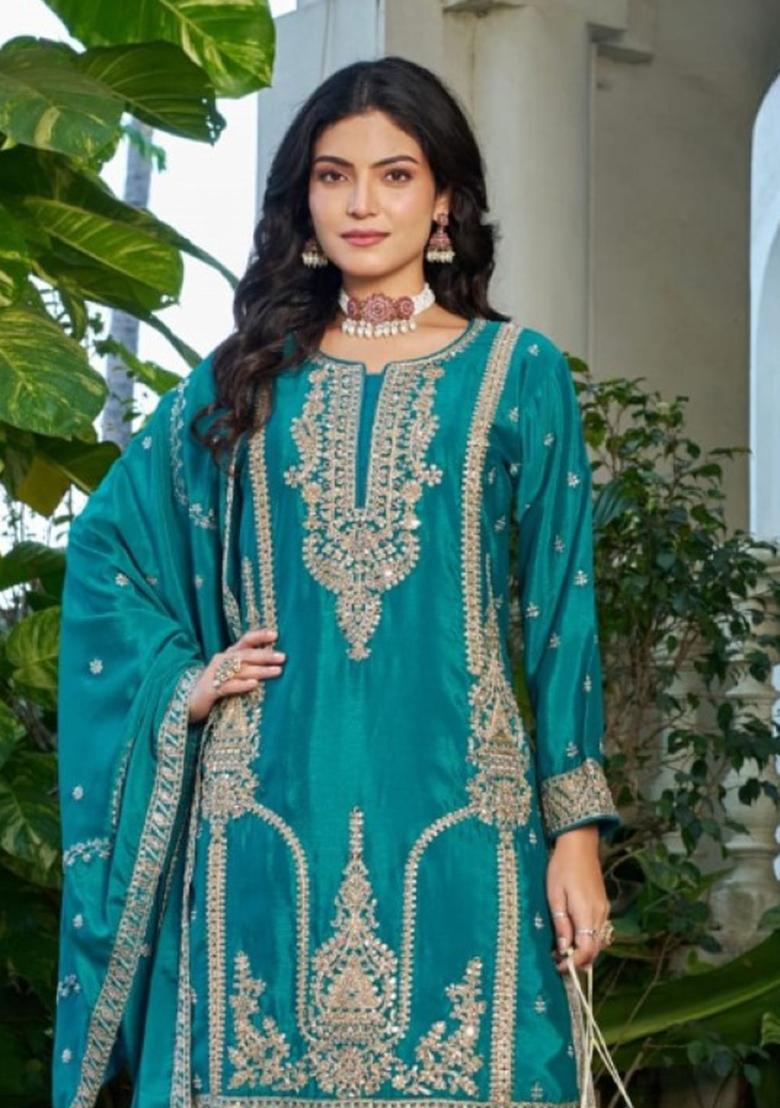 Blue Sequence Work Silk Kurta Set - Indya