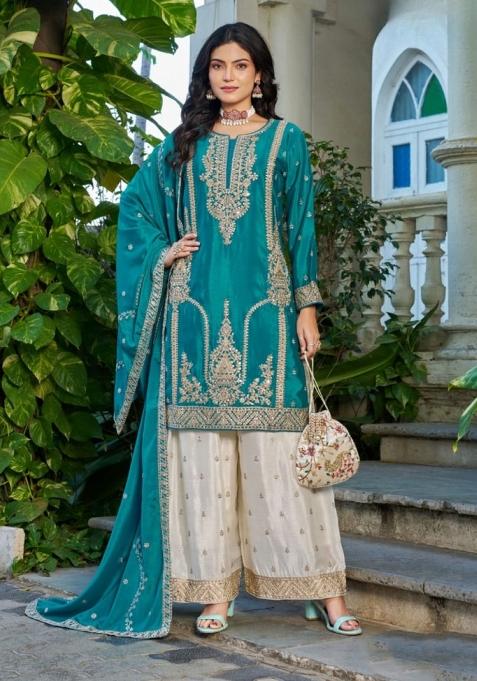 Blue Sequence Work Silk Kurta Set