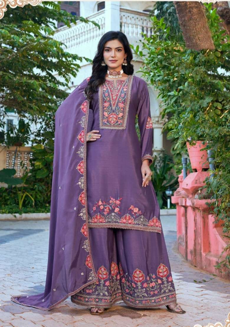 Purple Embroidered Silk Blend Sharara Set - Indya