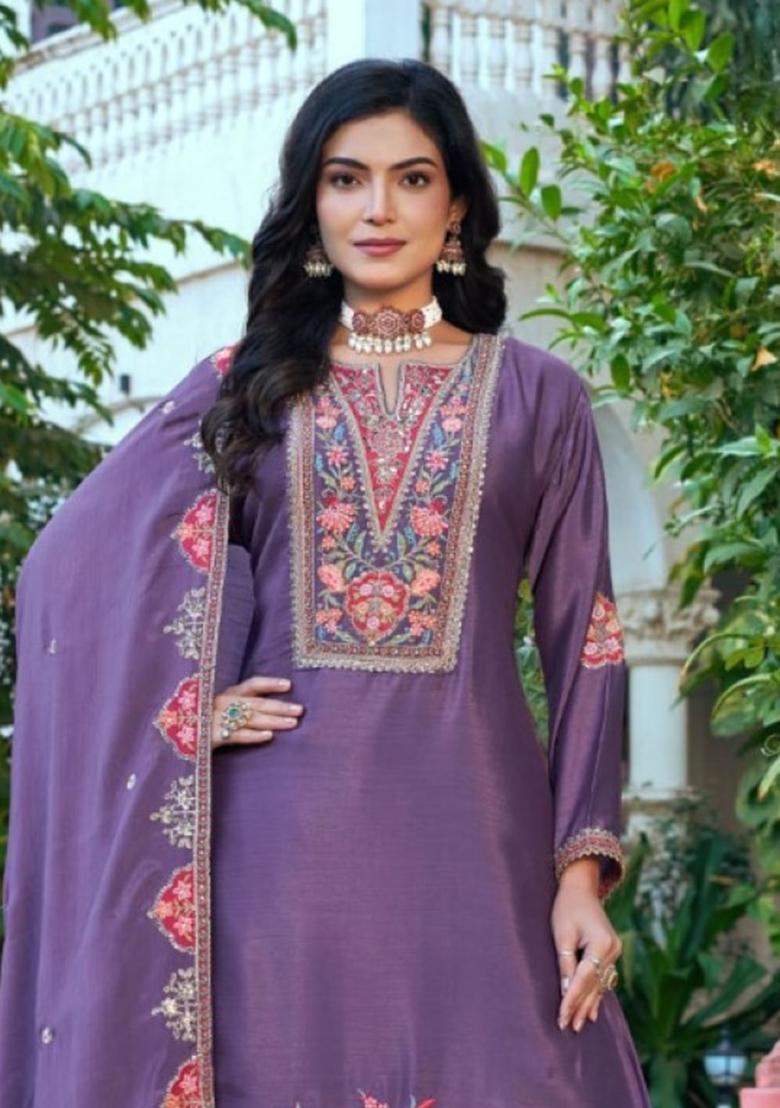 Purple Sequence Work Silk Kurta Set - Indya