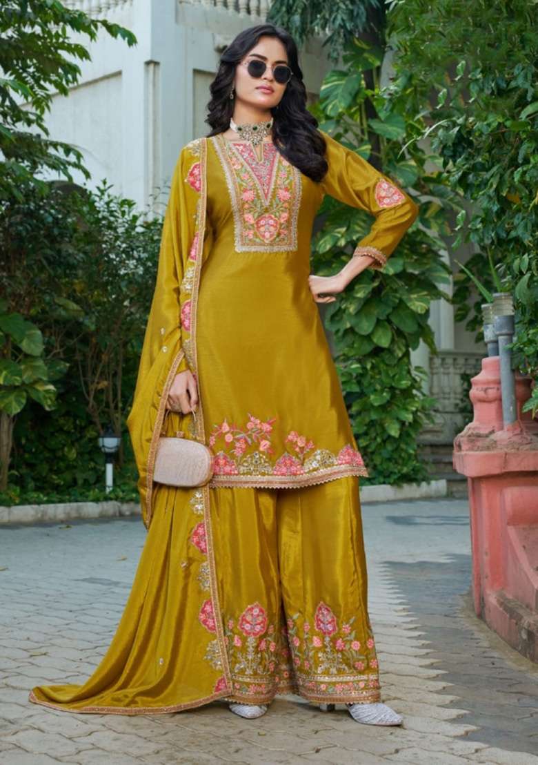Mustard Embroidered Silk Blend Sharara Set - Indya