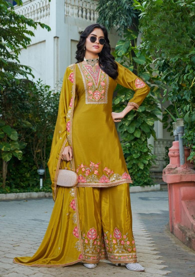Mustard Sequence Work Silk Kurta Set - Indya