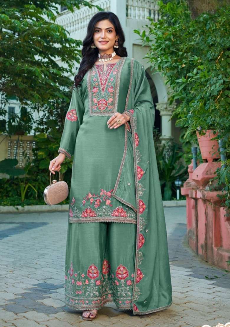 Sea-Green Embroidered Silk Blend Sharara Set - Indya