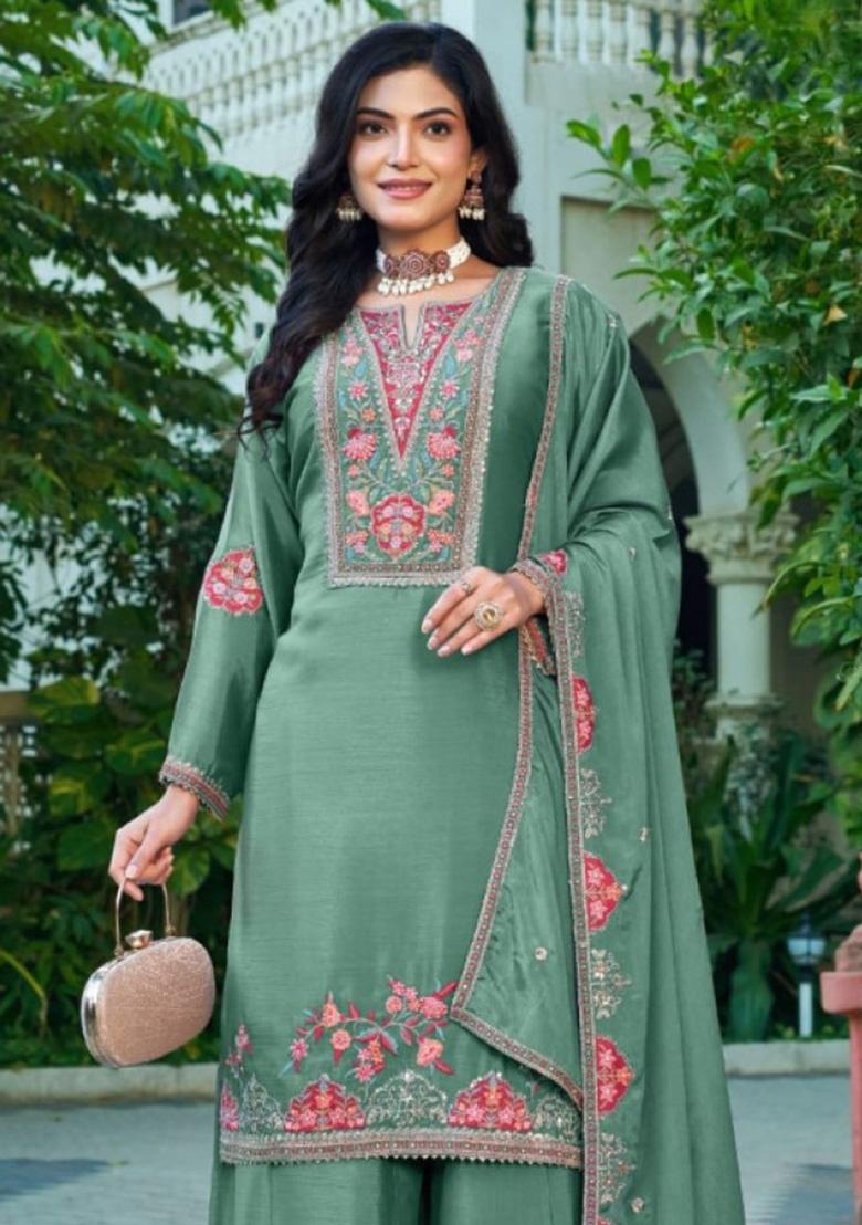 Sea-Green Sequence Work Silk Kurta Set - Indya
