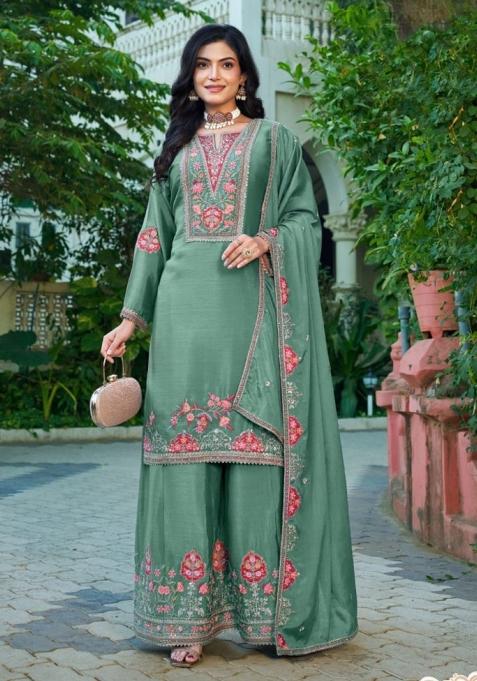 Sea-Green Sequence Work Silk Kurta Set