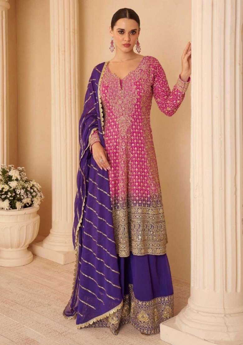 Magenta Sequence Work Georgette Kurta Set - Indya