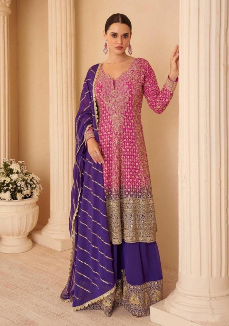Magenta Sequence Work Georgette Kurta Set - Indya