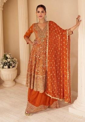 Orange Sequence Work Georgette Kurta Set