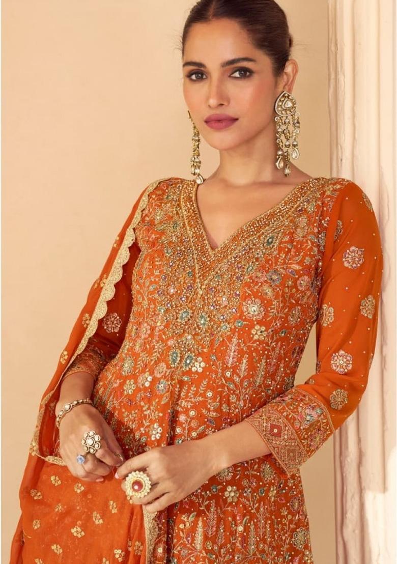 Orange Sequence Work Georgette Kurta Set - Indya