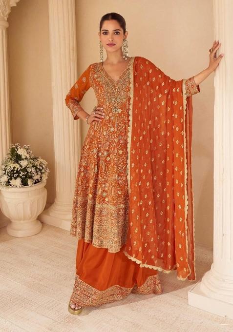 Orange Sequence Work Georgette Kurta Set