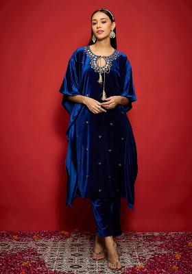 Blue Embroidery Velvet Kurta Set