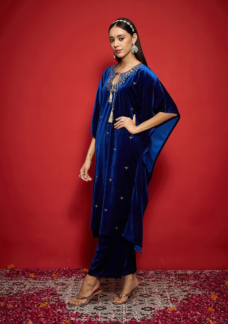 Blue Embroidery Velvet Kurta Set - Indya
