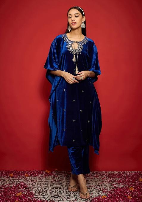 Blue Embroidery Velvet Kurta Set
