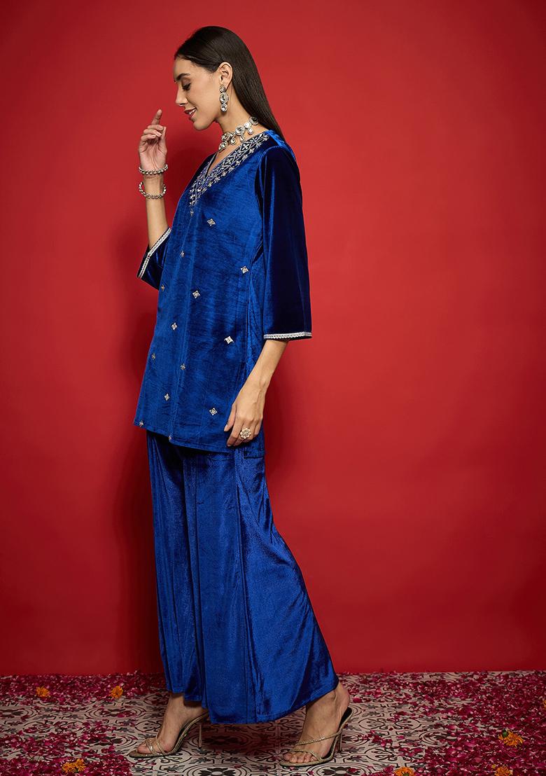 Blue Solid Velvet Kurta Set - Indya