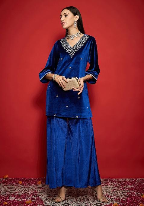 Blue Solid Velvet Kurta Set