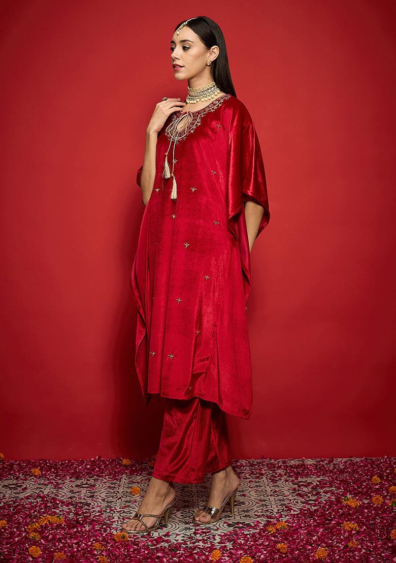 Red Embroidery Velvet Kurta Set - Indya