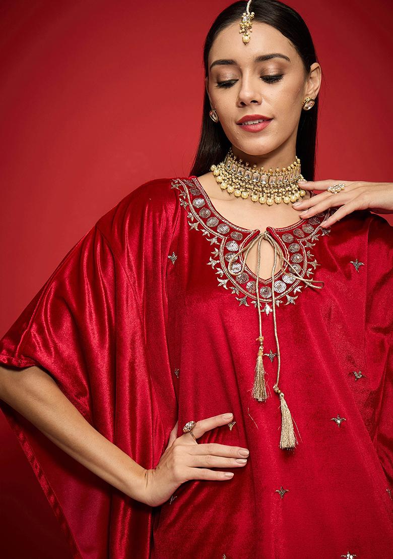 Red Embroidery Velvet Kurta Set - Indya